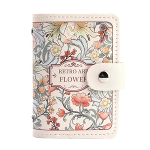 Retro oil painting floral card holder with button closure on a clean white background