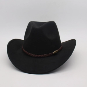 Detail of the black felt cowboy hat featuring a brown braided band and metal buckle