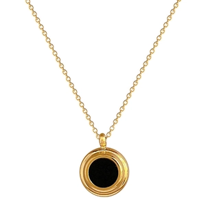 Minimalist double-sided shell necklace with black circular pendant in gold plated titanium steel