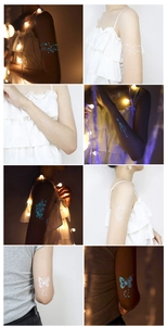 Luminous butterfly tattoo stickers showing day and night glowing effects on skin
