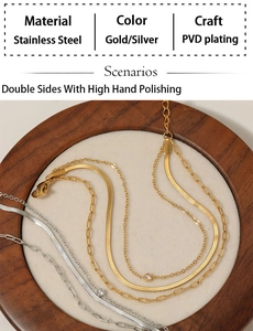 Detail of multi-layer stainless steel necklaces in gold and silver with PVD plating