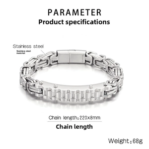 Detailed specs of men's Byzantine stainless steel bracelet showing 220mm length and 68g weight