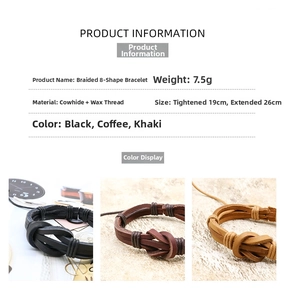 Macro detail of braided cowhide infinity bracelet in black, brown, and khaki colors