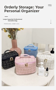 Macro shot of tweed makeup bags in four colors with gold dual zippers and top handles
