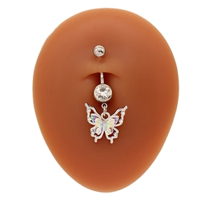Detailed close-up of a silver butterfly belly button ring with iridescent wings and crystal