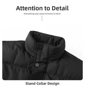 Close-up of black puffer vest stand-up collar with matte snap buttons and quilted texture