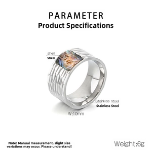Detailed view of 10mm wide stainless steel ring featuring textured band and inlaid shell