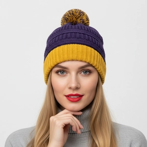 Bonnet en tricot contrasté avec pompon, bonnet d'hiver thermique violet et jaune pour femme