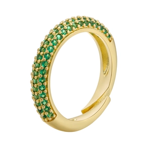 Adjustable gold plated ring featuring three rows of micro-paved green cubic zirconia stones