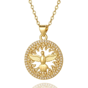 Golden peace dove pendant necklace with micro-p鑲嵌ed zircons on a white background