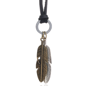 Hip hop vintage adjustable leather necklace with silver and bronze feather pendants