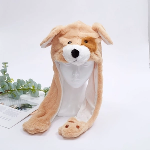 Cute puppy plush hat with moving long ears and paw embroidery for kids gift
