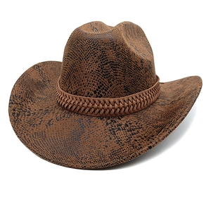 Classic brown western cowboy hat featuring black snakeskin texture and braided leather band