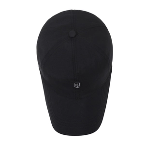 Men's lightweight black baseball cap with shield logo R from a top view perspective