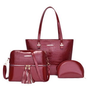 Three-piece set of wine red crocodile pattern tote bag, crossbody and coin purse
