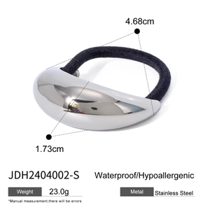Polished silver stainless steel hair tie cuff with black elastic band on white background