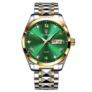 Poedagar men's business watch with green sunburst dial and two-tone gold silver band