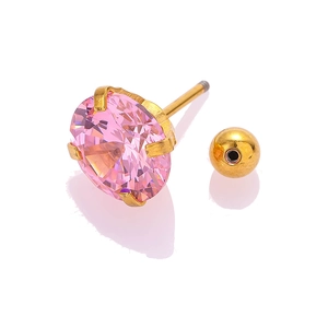Pink zircon stud earring with gold four-prong setting and screw back ball closure