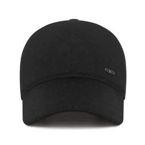 Thick black wool blend baseball cap with ear protection and a premium metal logo plate