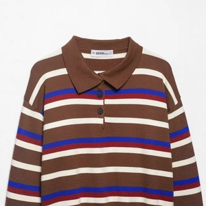 Chic multi-color striped knit polo shirt with turnover collar and button placket