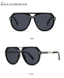 Front and 45-degree side views of black silver oversized pilot sunglasses