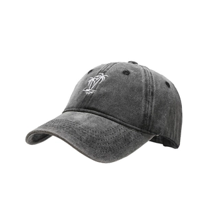 Washed grey vintage baseball cap featuring white coconut tree embroidery on the front