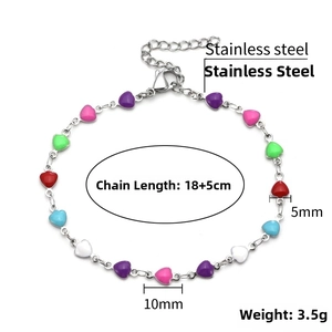 Detail of stainless steel colorful enamel heart link bracelet with size measurements
