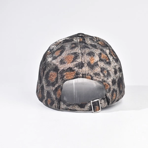 Rear view of leopard print baseball cap featuring adjustable silver metal buckle