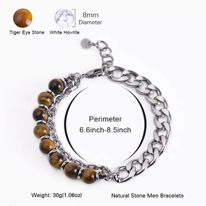 Double-layered men's bracelet with 8mm tiger eye stone and white howlite beads