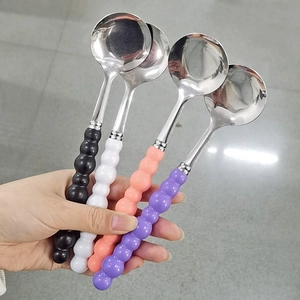 Stainless Steel Dinner Spoon With Artificial Pearl Bead Plastic Handle Long Handle Soup Spoon For Home Dining Cute Style