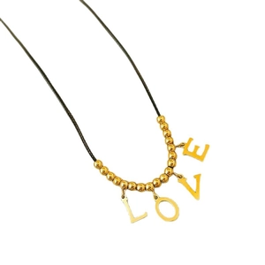 Golden LOVE letter pendant necklace with small beads on a black cord for women