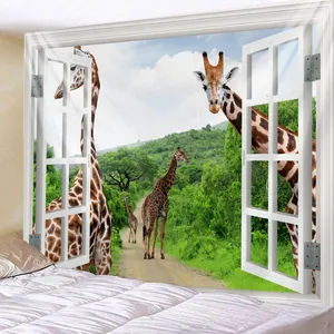 Detailed view of a 3D window effect tapestry featuring giraffes for bedroom wall decor