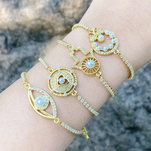 Pulsera Ajustable Evil Eye Hamsa Hand Corazón Cobre Chapado En Oro Con Perla Artificial Circón Para Mujer Joyas Elegantes