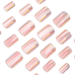Short square aurora cat eye fake nails with pink and golden iridescent pearl finish
