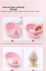 Detailed four-step guide for cleaning makeup sponges using a pink silicone bowl and rack