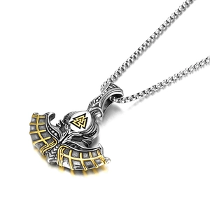 Viking Thor hammer pendant necklace with gold Valknut symbol and silver box chain