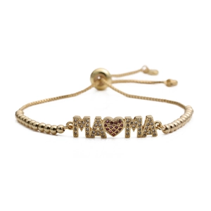 Adjustable gold MAMA bracelet with heart-shaped ruby stone and white zircon stones