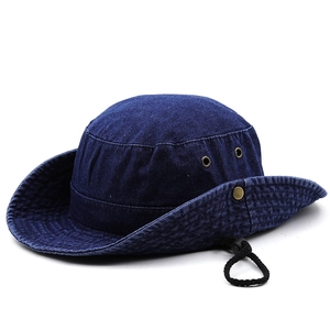 Chapeau bob en jean bleu foncé à large bord avec évents et cordon coupe-vent réglable