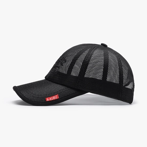 Black breathable mesh baseball cap for men and women with red embroidered side label