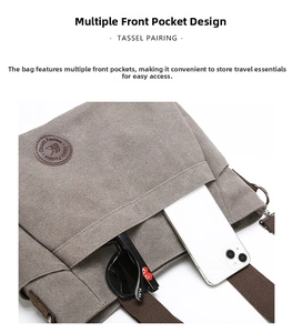 Detail view of canvas crossbody bag with front pockets holding a phone and sunglasses