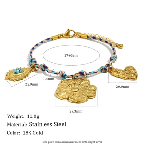 Bracciale in acciaio inossidabile placcato oro 18K con fiore, turchese e cordino