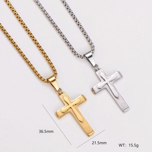 Double layered stainless steel cross necklaces in gold and silver with engraved textures