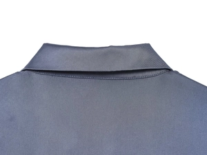 Detailed close-up showing the sleek satin texture and precise stitching of the shirt collar