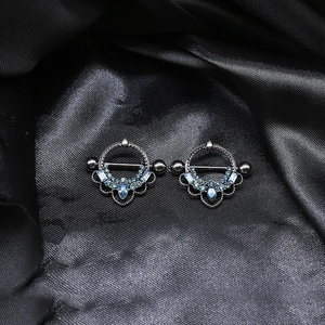 Sparkling blue crystal nipple rings with black PVD steel base for body piercing jewelry