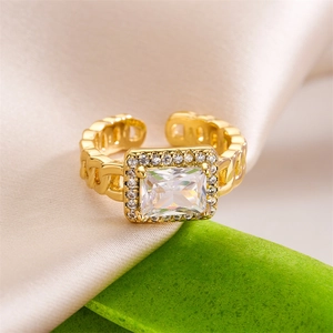 Vintage golden adjustable ring with rectangle zircon and pave crystals on champagne silk