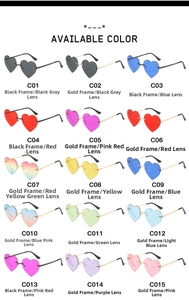 Matrix showing 15 color options for heart-shaped rimless sunglasses with lightning patterns