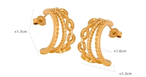 Detail view of 18K gold plated C-shape triple layered hoop earrings with dimensions 1.7cm