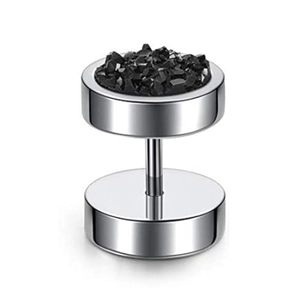 Close-up of dumbbell stud earring with iridescent black crystal in stainless steel