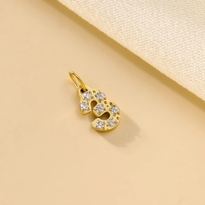 Macro shot of gold-plated number 5 pendant with pavé cubic zirconia inlay detail