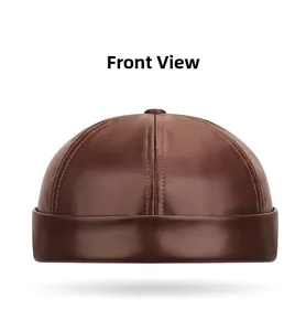 Detailed front view of brown PU leather miki hat with classic stitched panels and top button